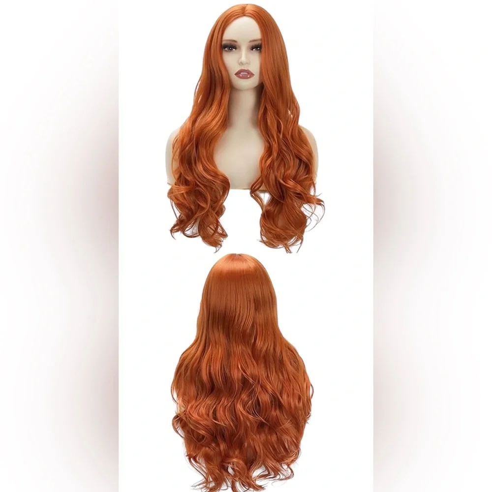 Halo Ginger Auburn Long Wavy Wig with Curtain Bangs Natural Middle Part 26”NWT
